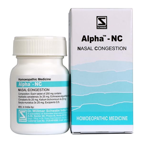 Alpha-NC nasal congestion tablets bottle from Dr. Willmar Schwabe India