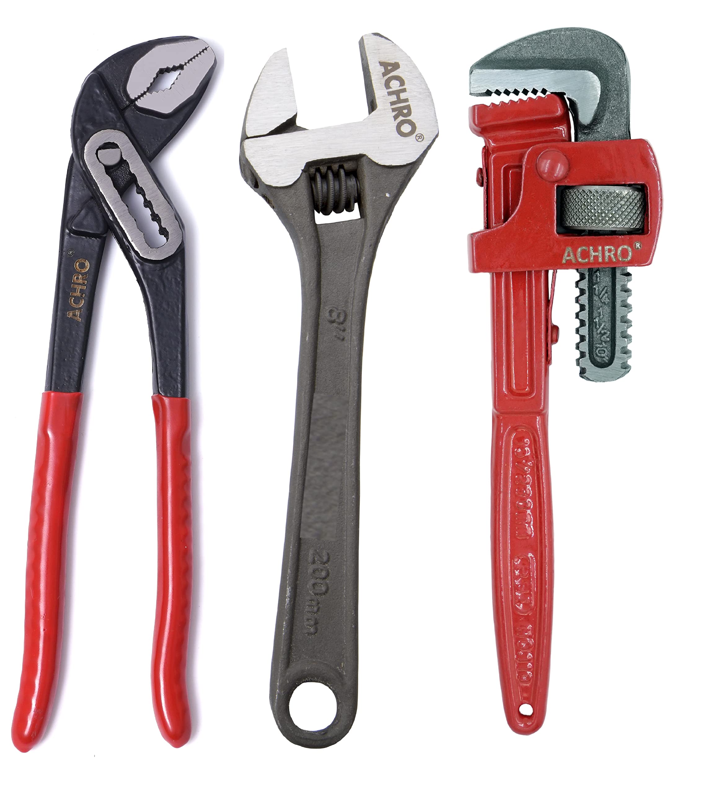 Three ACHRO plumbing tools: pipe wrench, water pump plier, adjustable wrench
