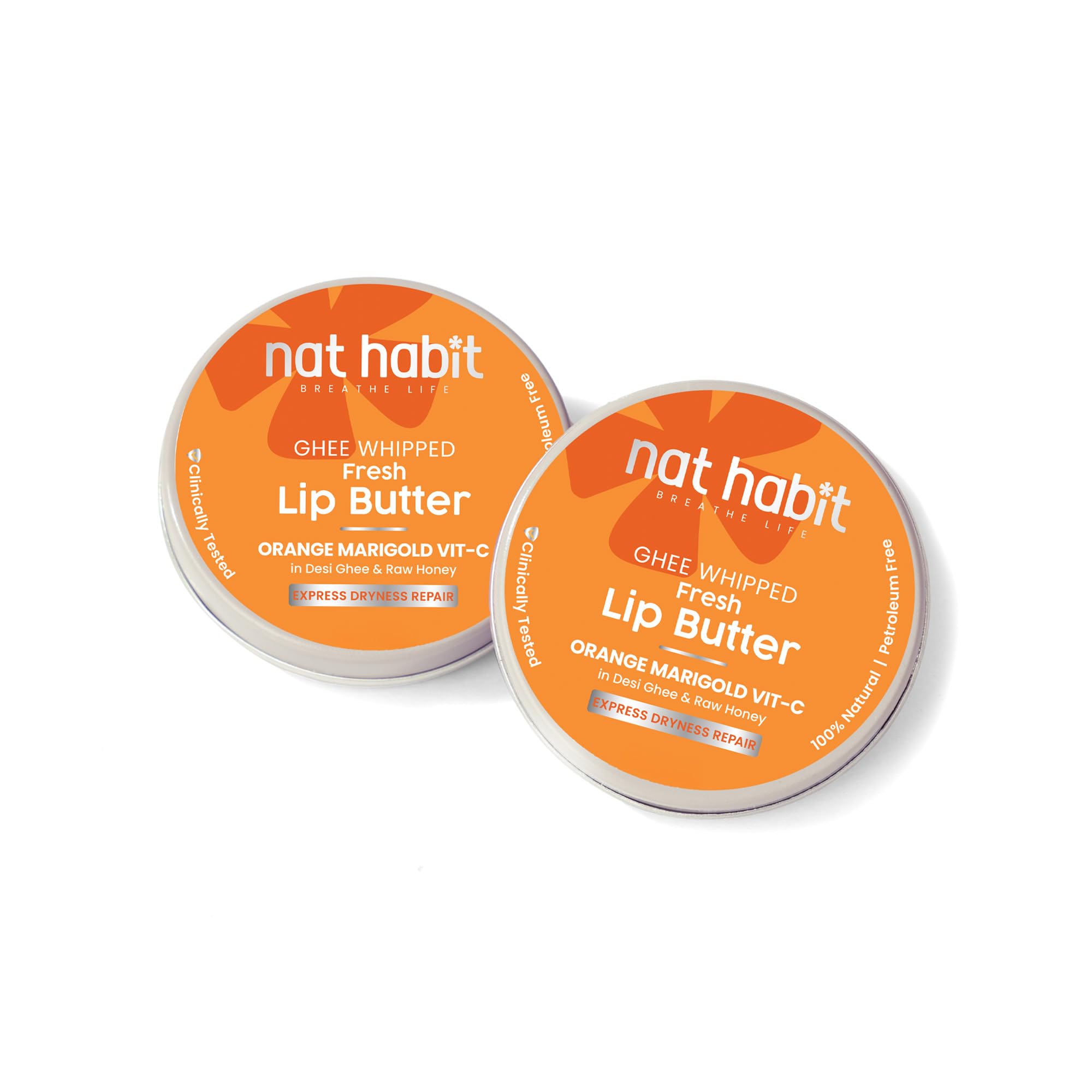 Nat Habit Orange Marigold lip balm jars with desi ghee