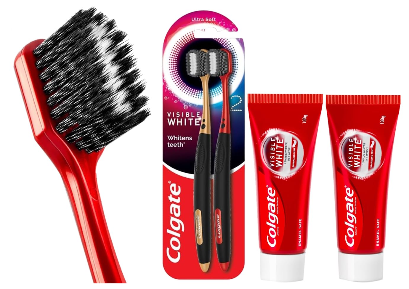 Colgate Visible White O2 Manual Toothbrush for adults- 2 Pcs & Colgate Visible White 200g (100g x 2, Pack of 2) Teeth Whitening Toothpaste – view 1