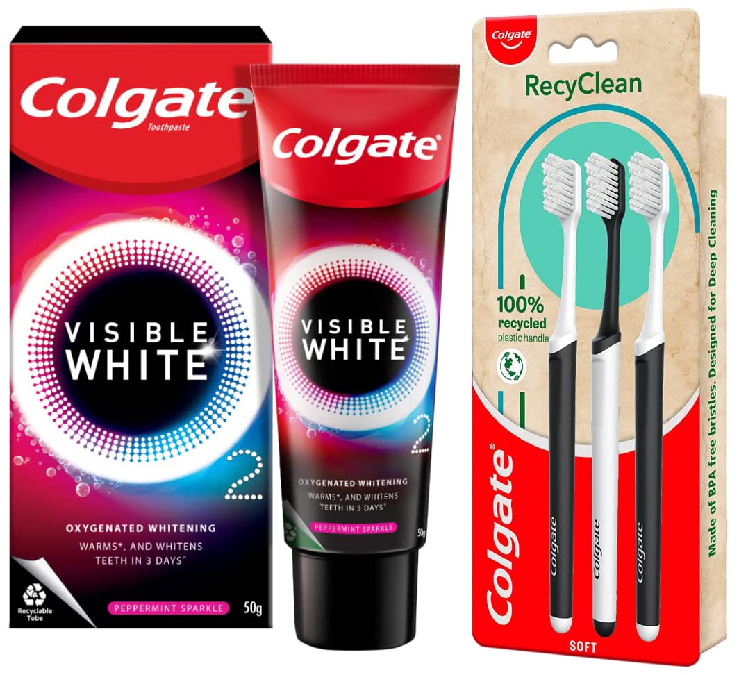 Peppermint Sparkle whitening toothpaste and RecyClean soft toothbrush set