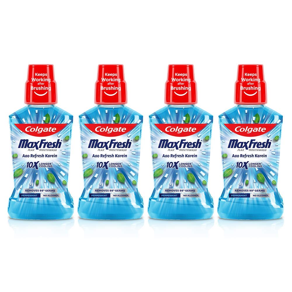 Four 250 ml bottles of Colgate MaxFresh Plax mouthwash