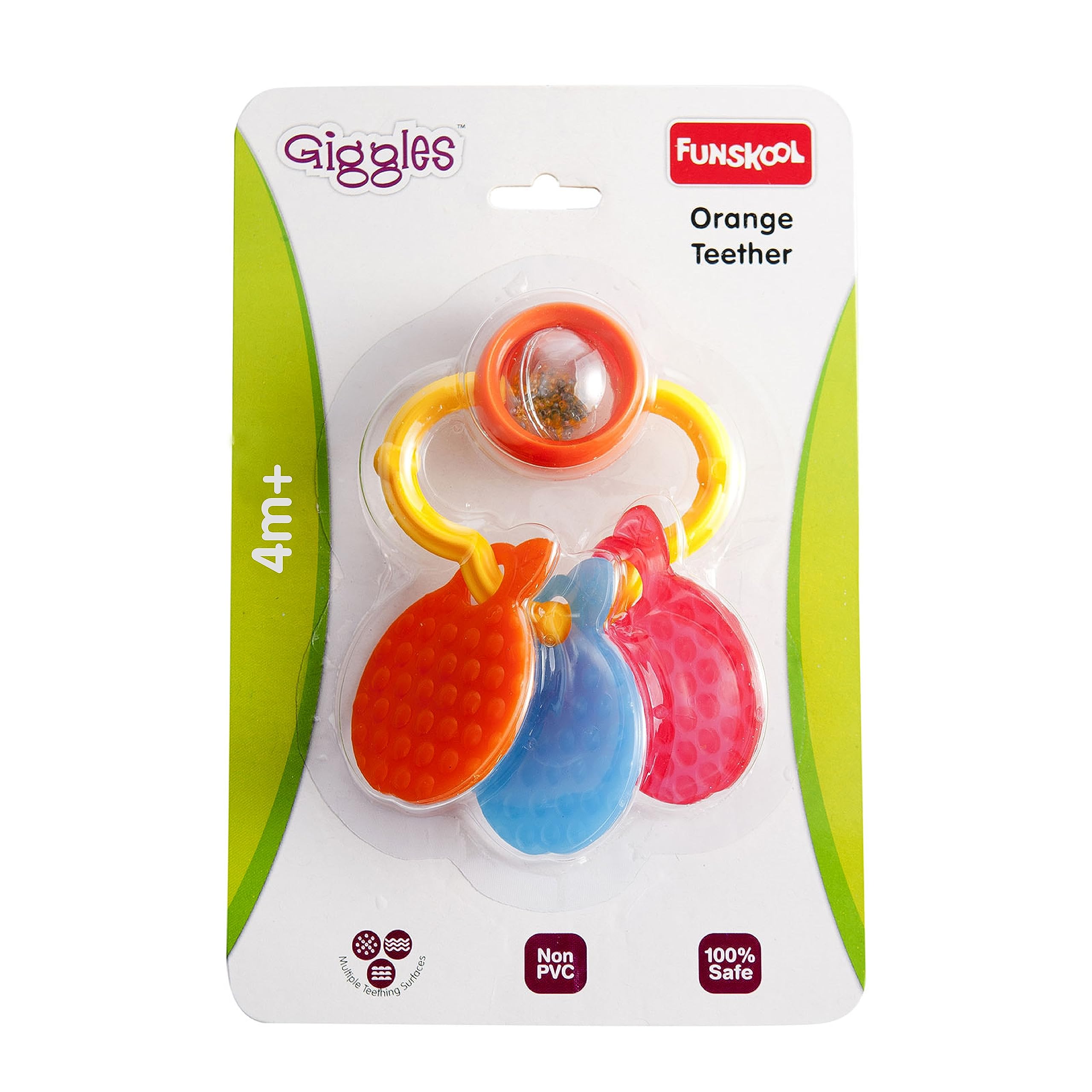 Tree-shaped multicolor baby teether rattle with textured plastic surfaces