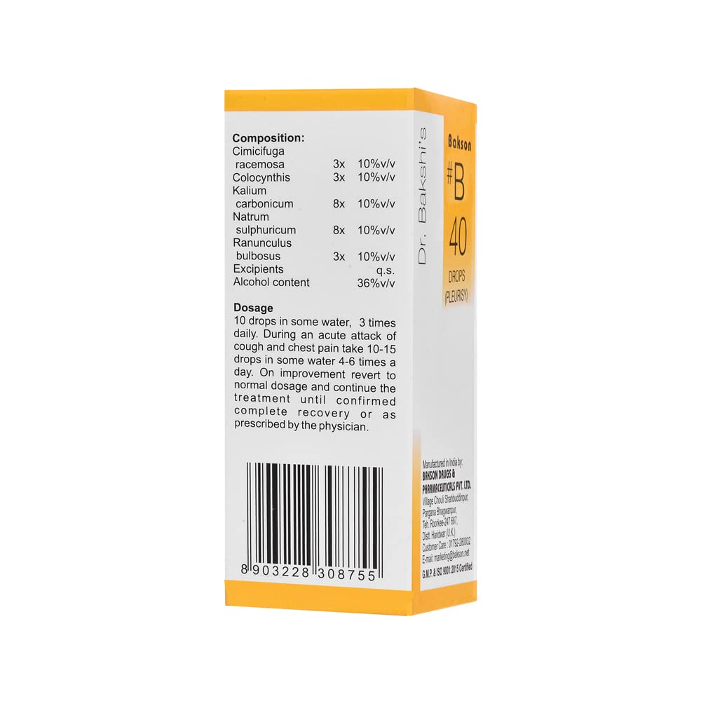 Dr. Bakshi's BAKSON'S HOMOEOPATHY # B 40 Pleurisy Drops (30 ml) – view 3