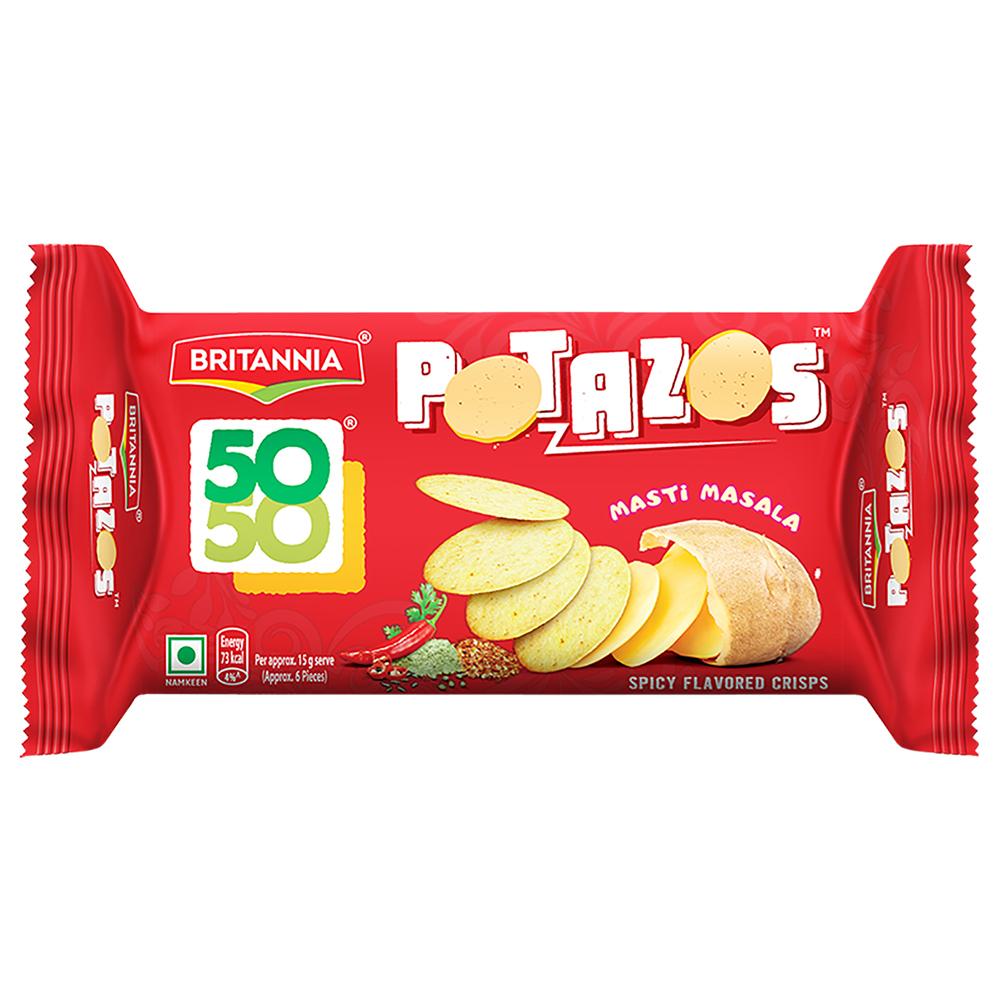 Britannia 50-50 Potazos spicy flavoured crisps pouch packaging