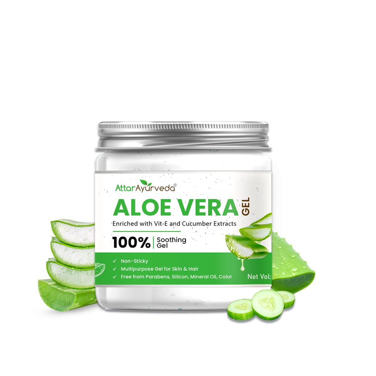 Attar Ayurveda aloe vera gel jar with vitamin E and cucumber extracts