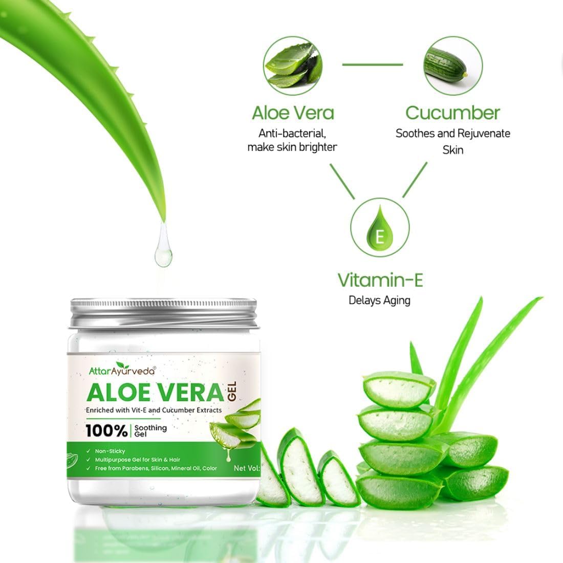Attar Ayurveda Natural Aloe vera gel for Face, Skin & Hair (200 ml) – view 3