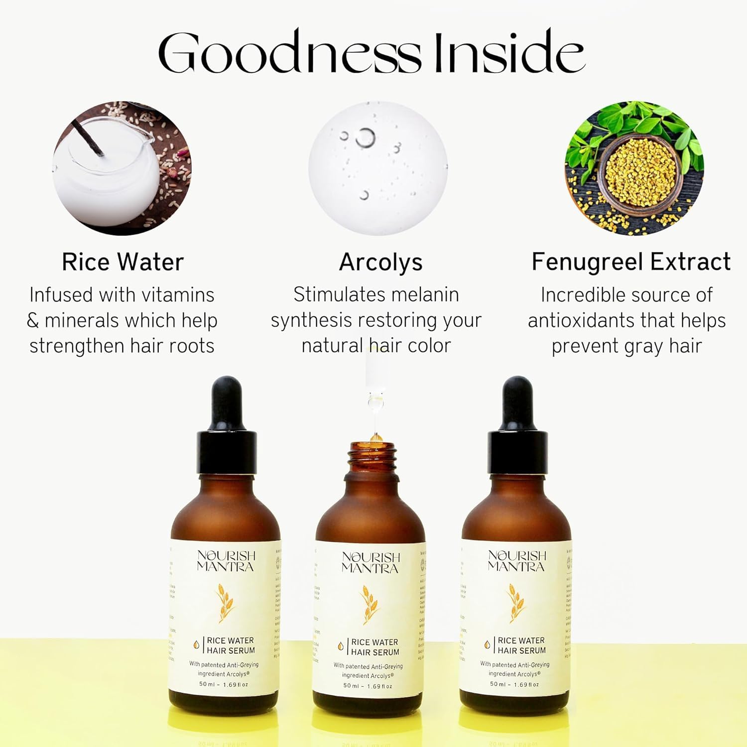 Nourish Mantra Anti-Greying Rice Water Serum with Rice Water, Arcolys & Fenugreek Extract/Effective Results Against Grey Hair & Hair Aging Signs/For Men & Women/All Hair Types - 50ml – view 2