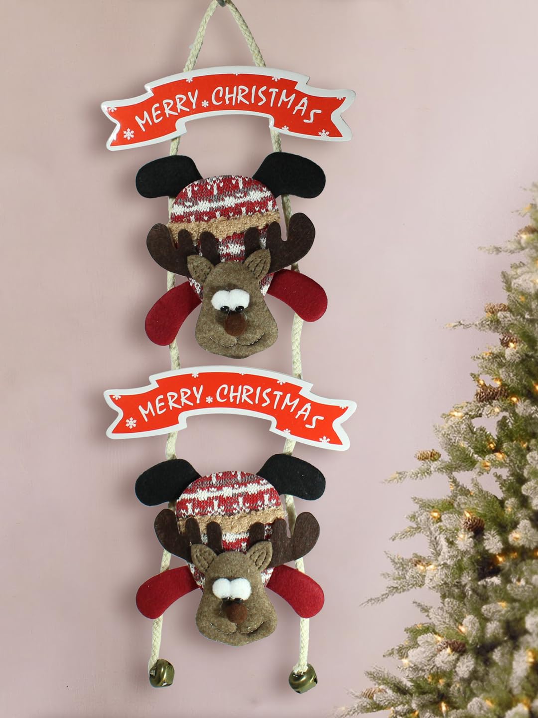 Reindeer Christmas hanging ornament with bells for door or wall