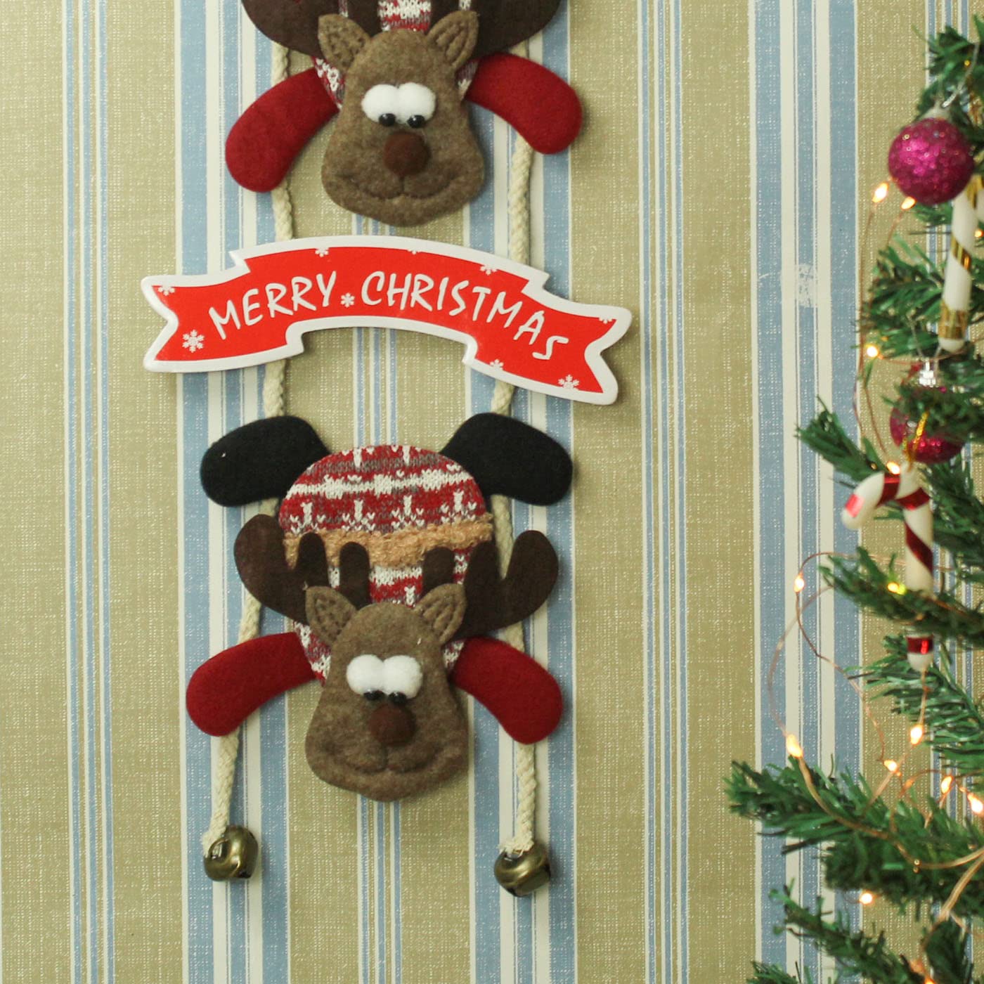 TIED RIBBONS Christmas Decorations Items For Home Main Door Wall Hanging Reindeer with Bells Decorative Ornament Props Xmas Tree Decor - Christmas Tree Decoration Items – view 2