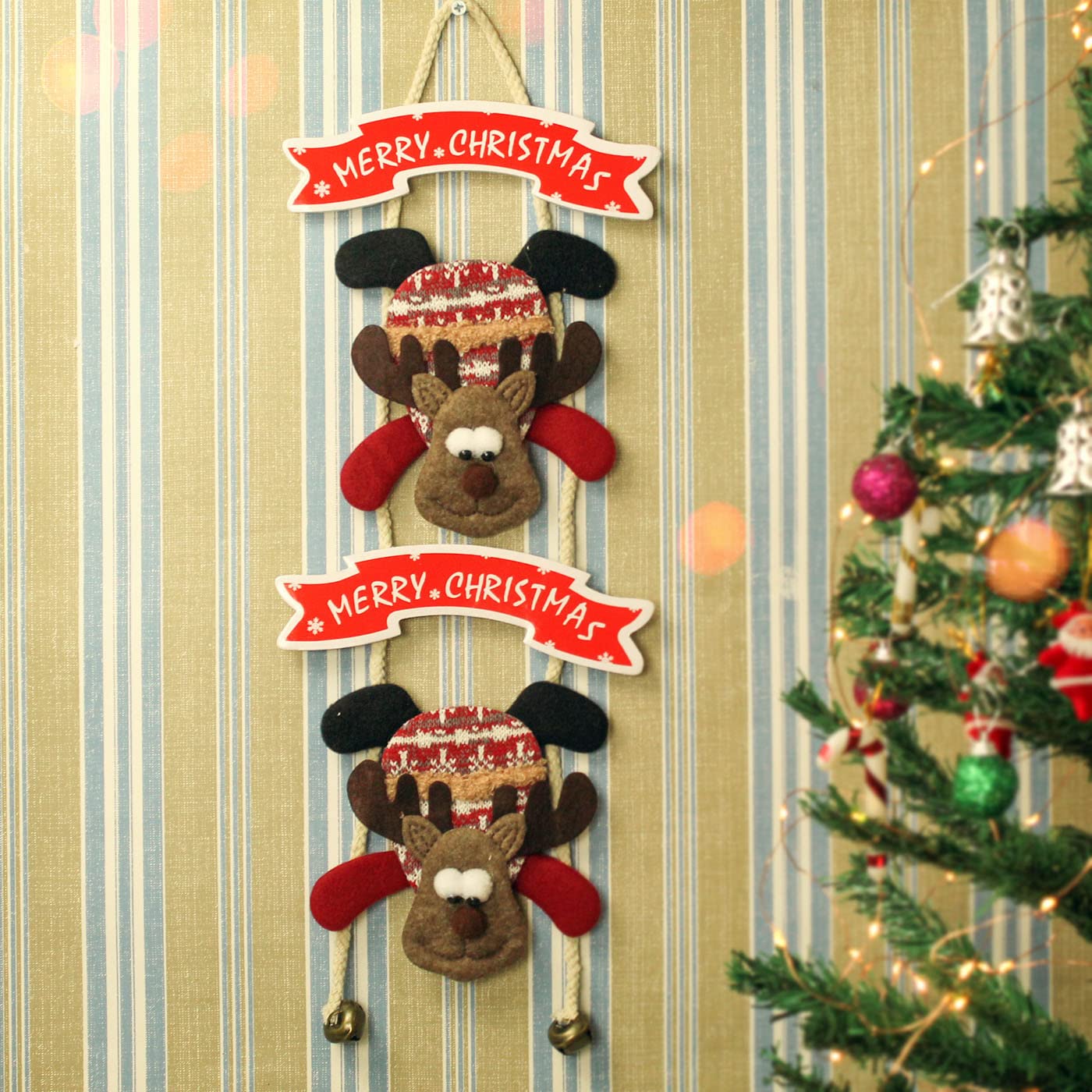 TIED RIBBONS Christmas Decorations Items For Home Main Door Wall Hanging Reindeer with Bells Decorative Ornament Props Xmas Tree Decor - Christmas Tree Decoration Items – view 4