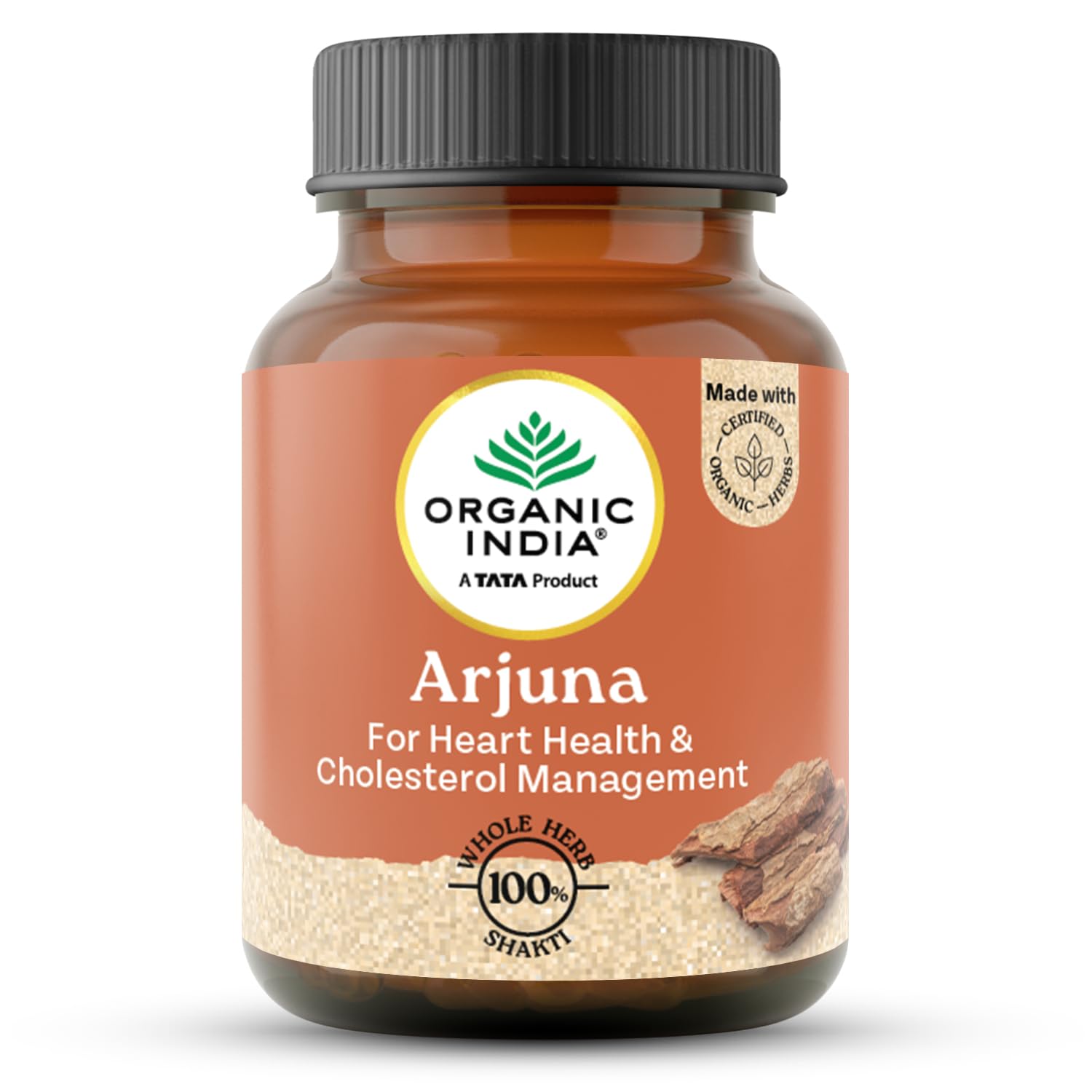 Organic India Arjuna bottle showing 60 plant-based whole herb capsules