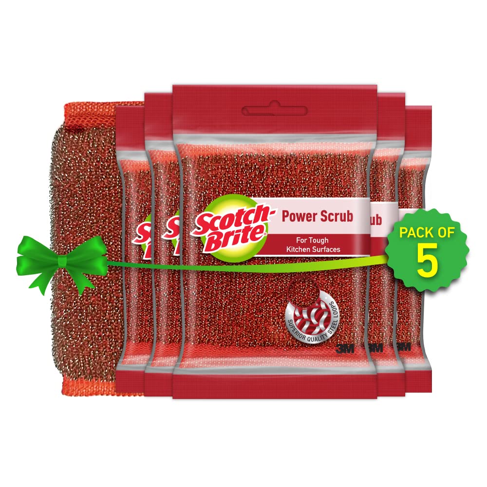 Scotch-Brite Power Scrub with Steel mesh for Utensil Cleaning- for Tough Stain Removal- Pack 5
