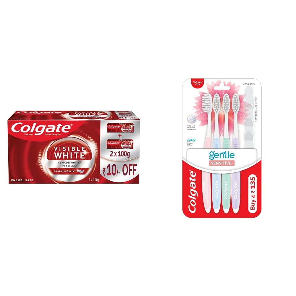 Colgate mint whitening toothpaste set with four soft-bristle toothbrushes