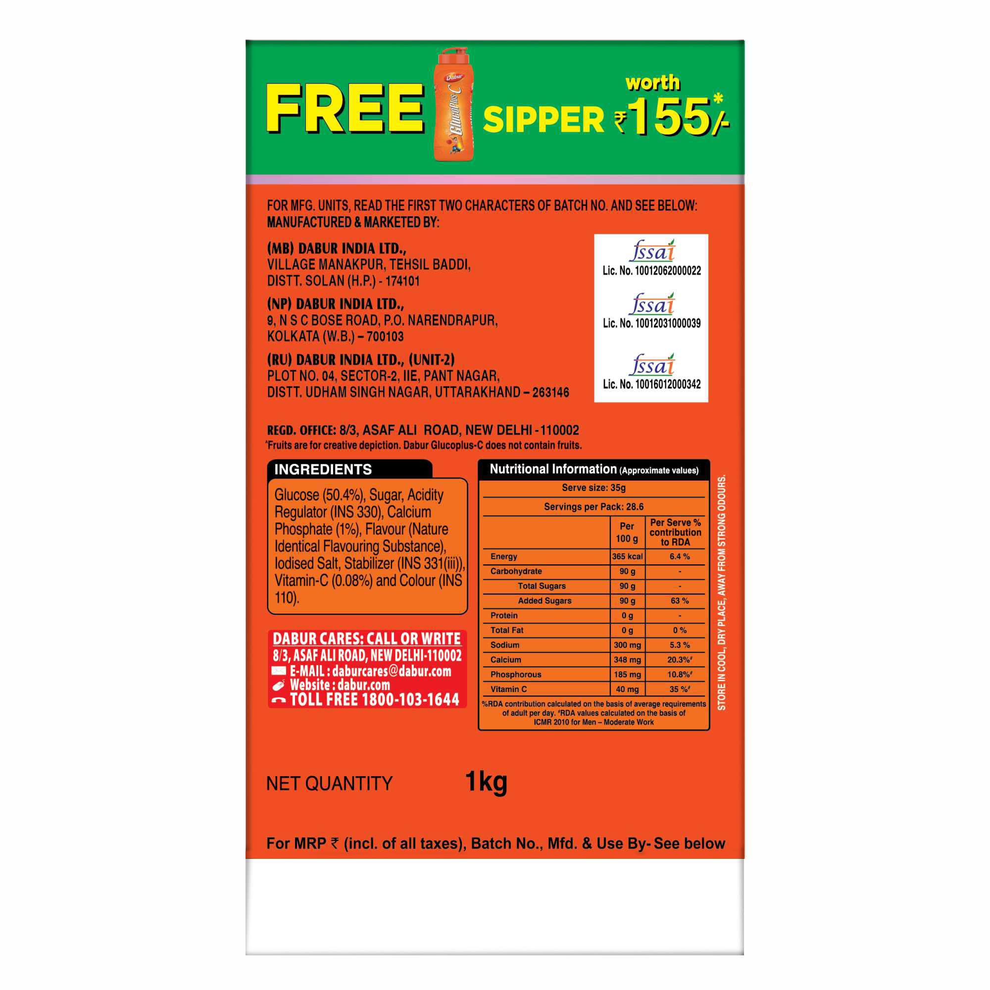 DABUR Glucoplus-C Instant Energy Glucose Orange Flavour-1Kg (With Sipper Free) – view 6
