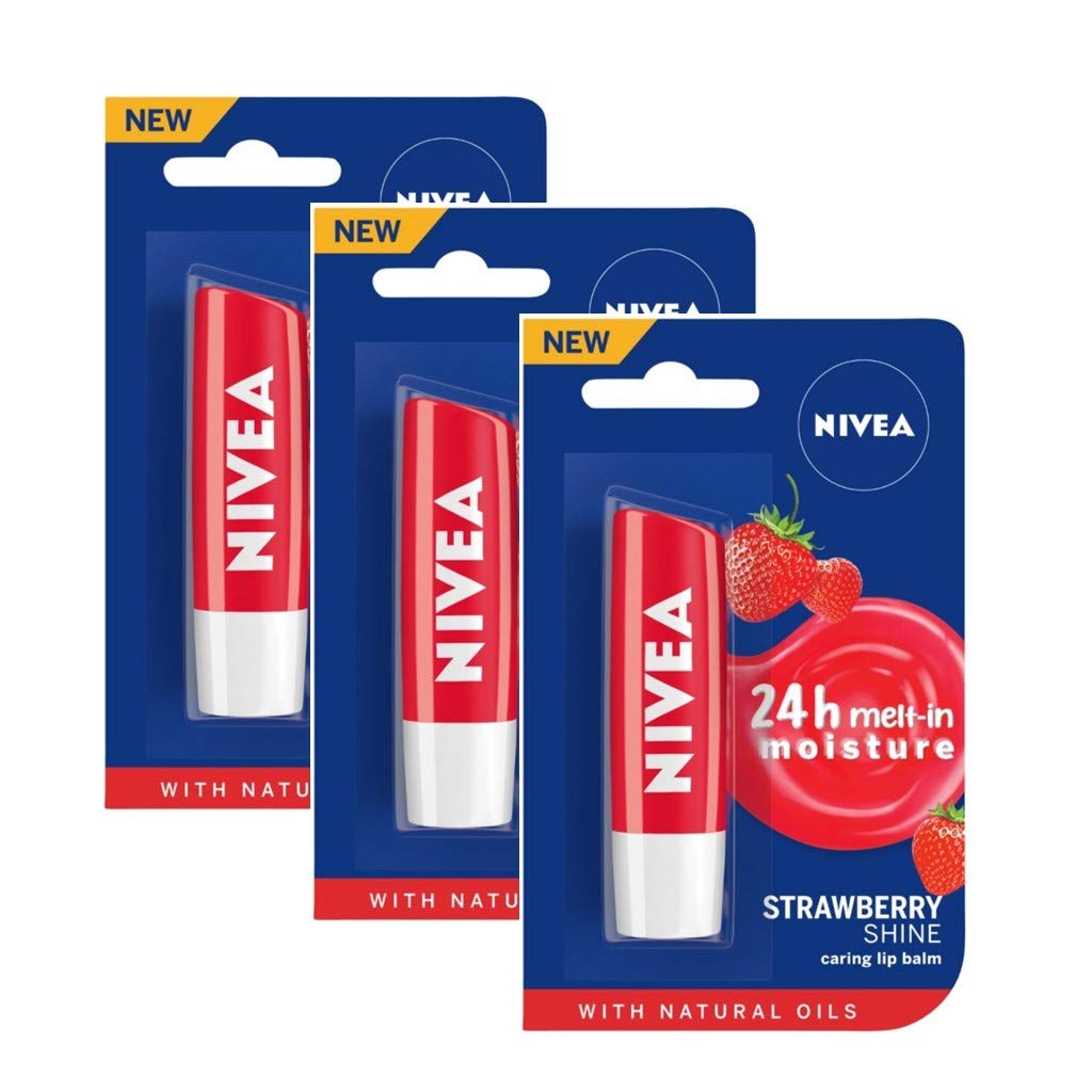 Three Nivea Strawberry Fruit Shine lip care balms with glossy finish