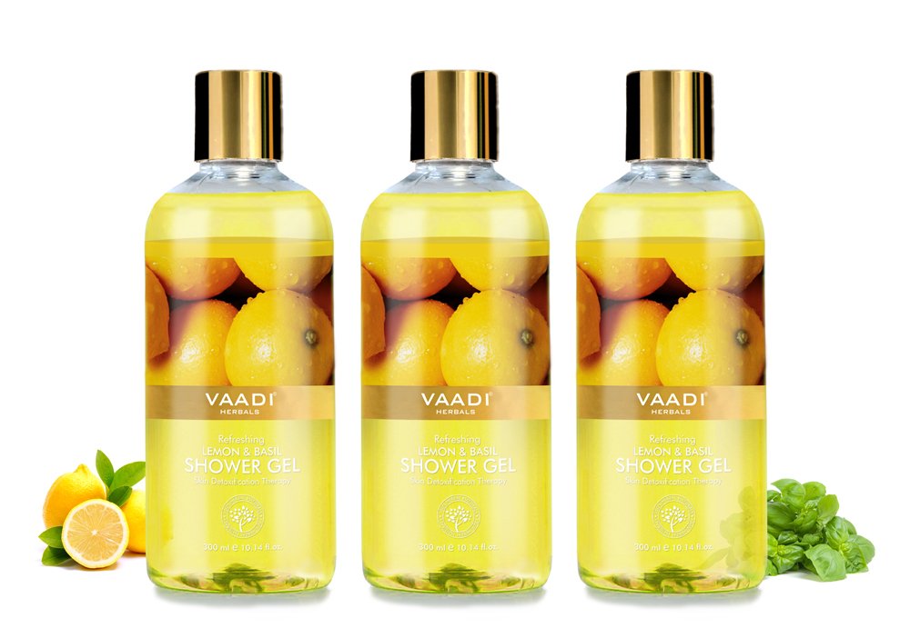 Vaadi Herbals lemon and basil shower gel three-pack front view