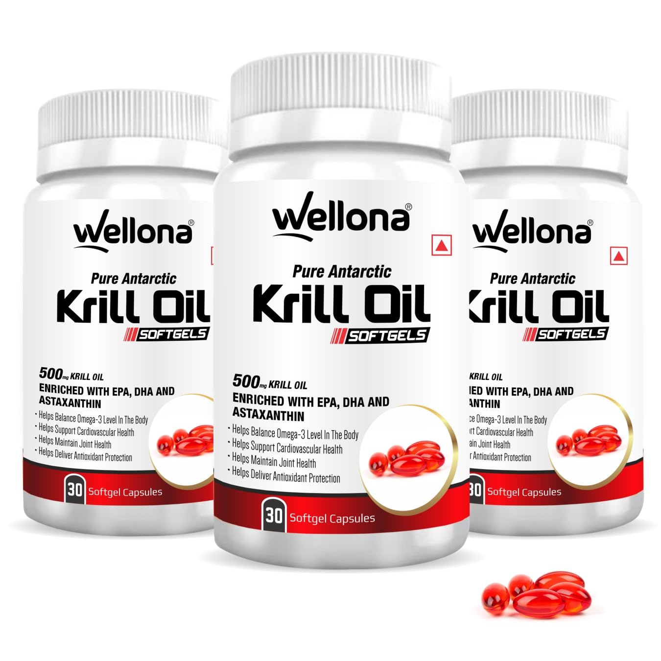 Pack of three Wellona Antarctic krill oil 500 mg bottles