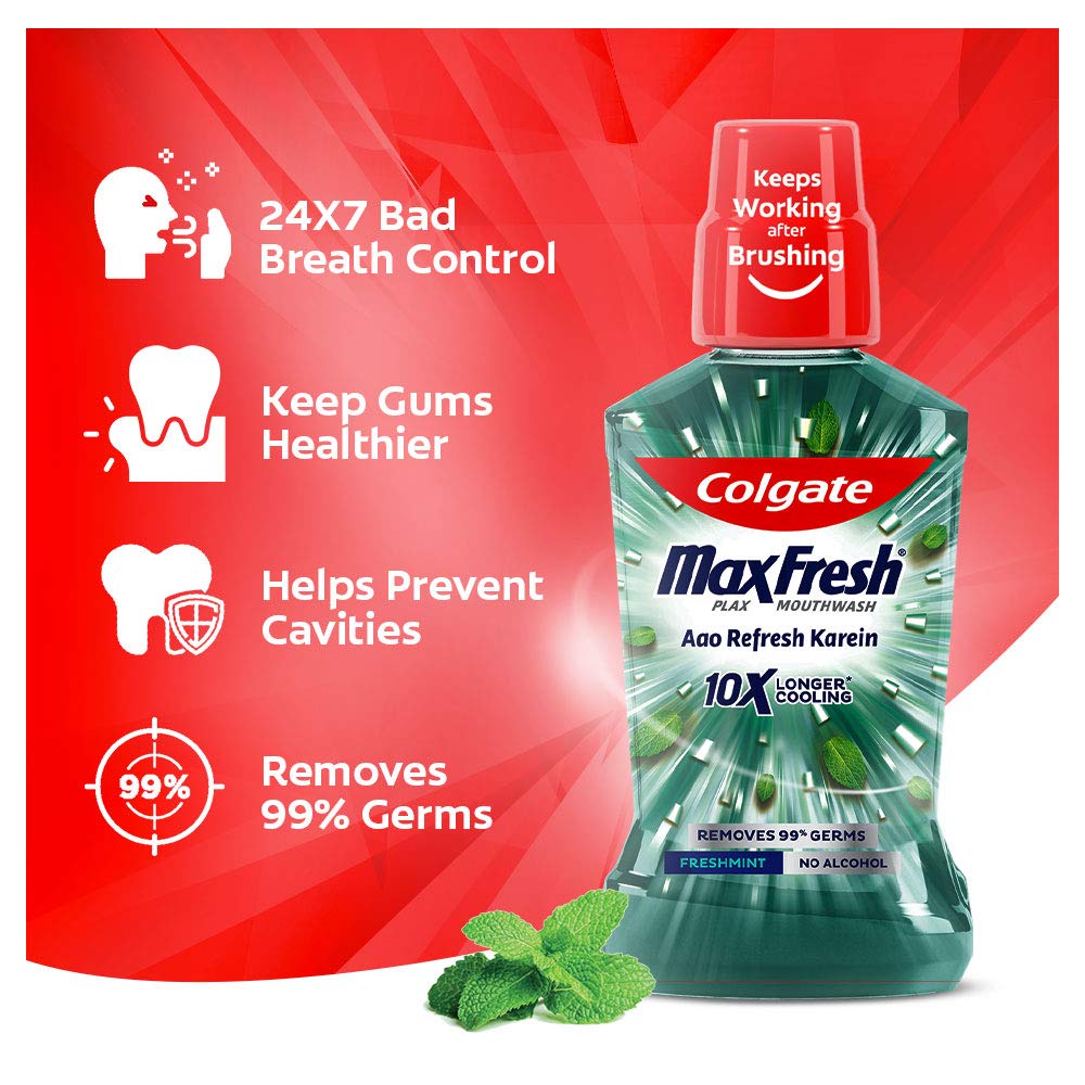 Colgate Maxfresh Plax Antibacterial Mouthwash, 99% Germ Removal, 24/7 Fresh Breath - 1000ml (250ml X4), (Fresh Mint) – view 8