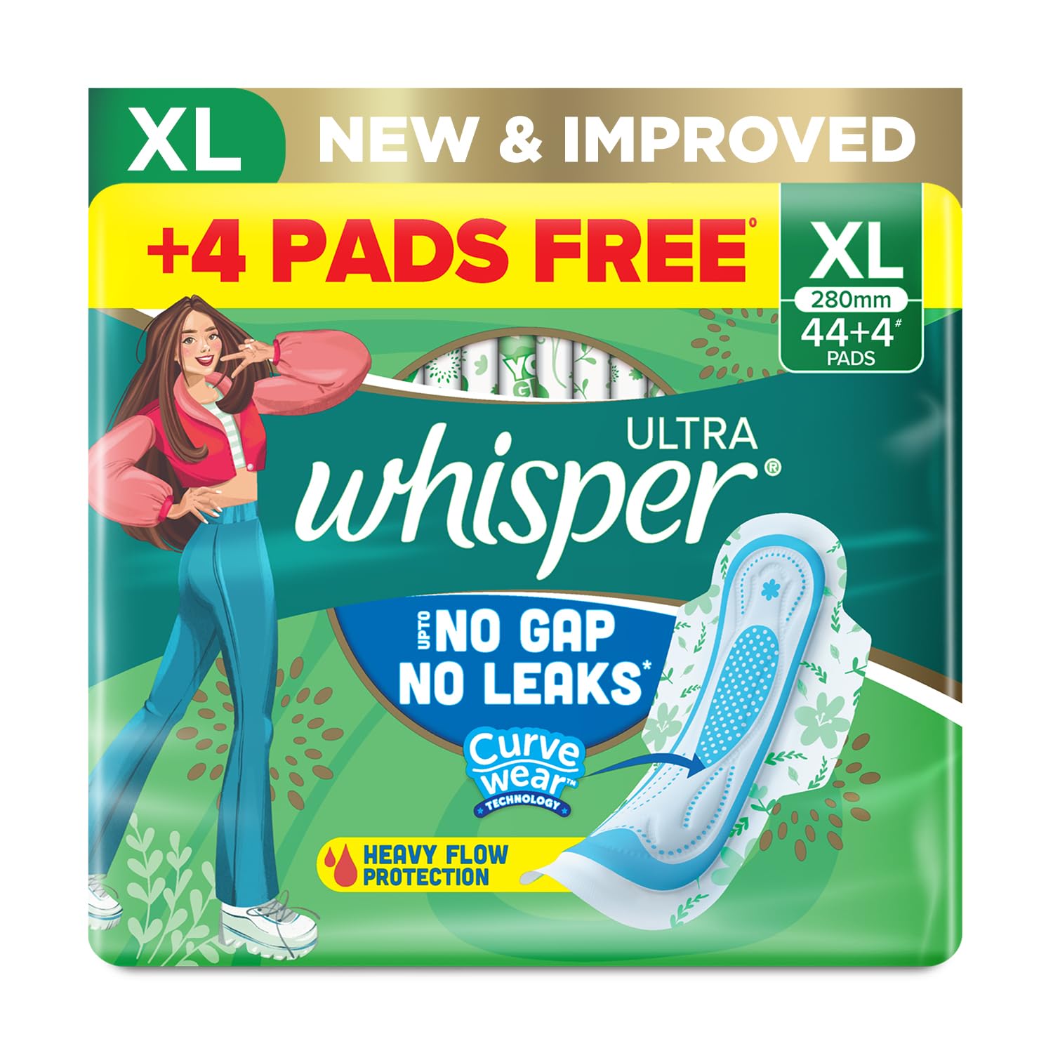 Whisper Ultra Upto No Gap No Leaks Sanitary Pads, 48 XL Pads, For Heavy Flow Protection, With CURVEWEAR