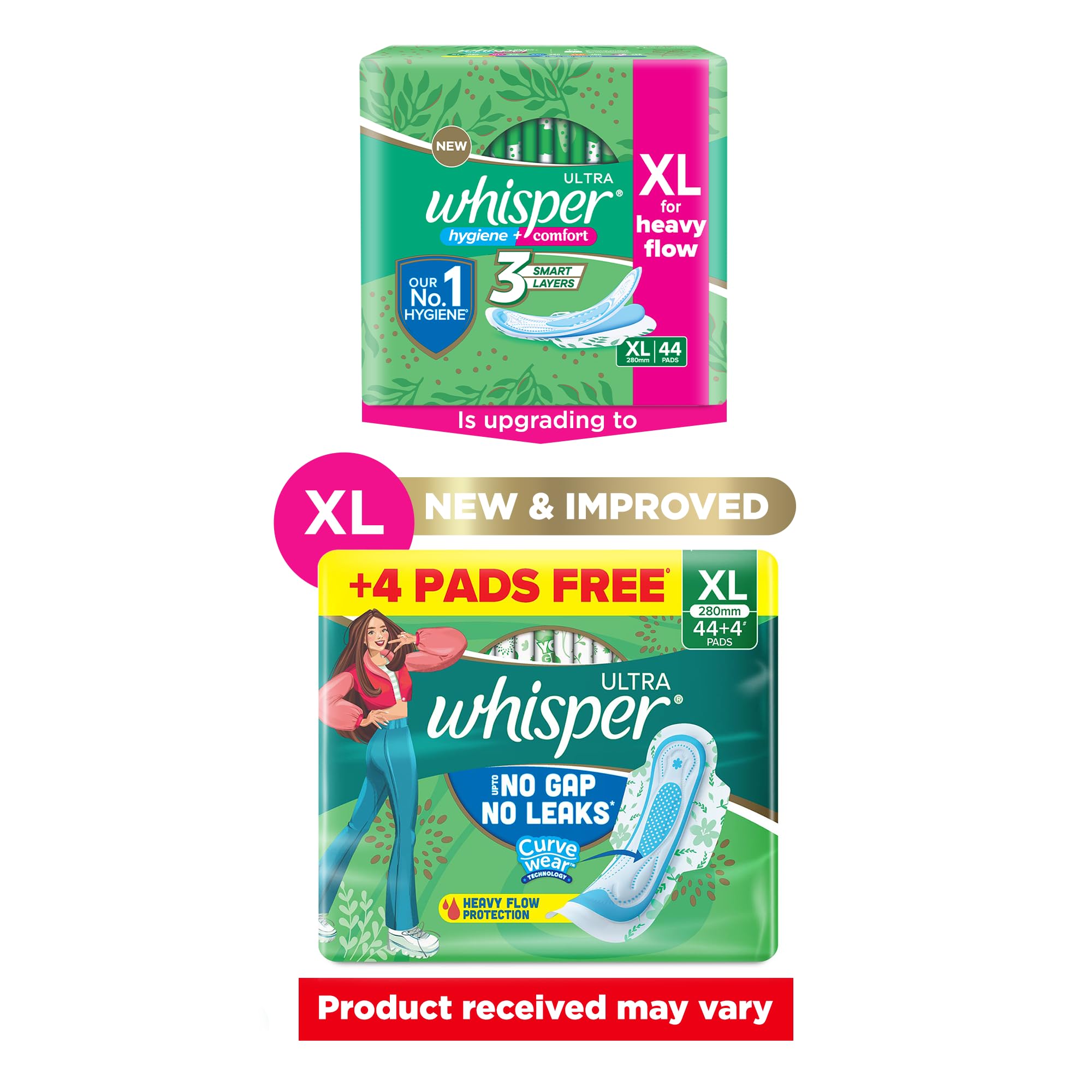 Whisper Ultra Upto No Gap No Leaks Sanitary Pads, 48 XL Pads, For Heavy Flow Protection, With CURVEWEAR – view 2