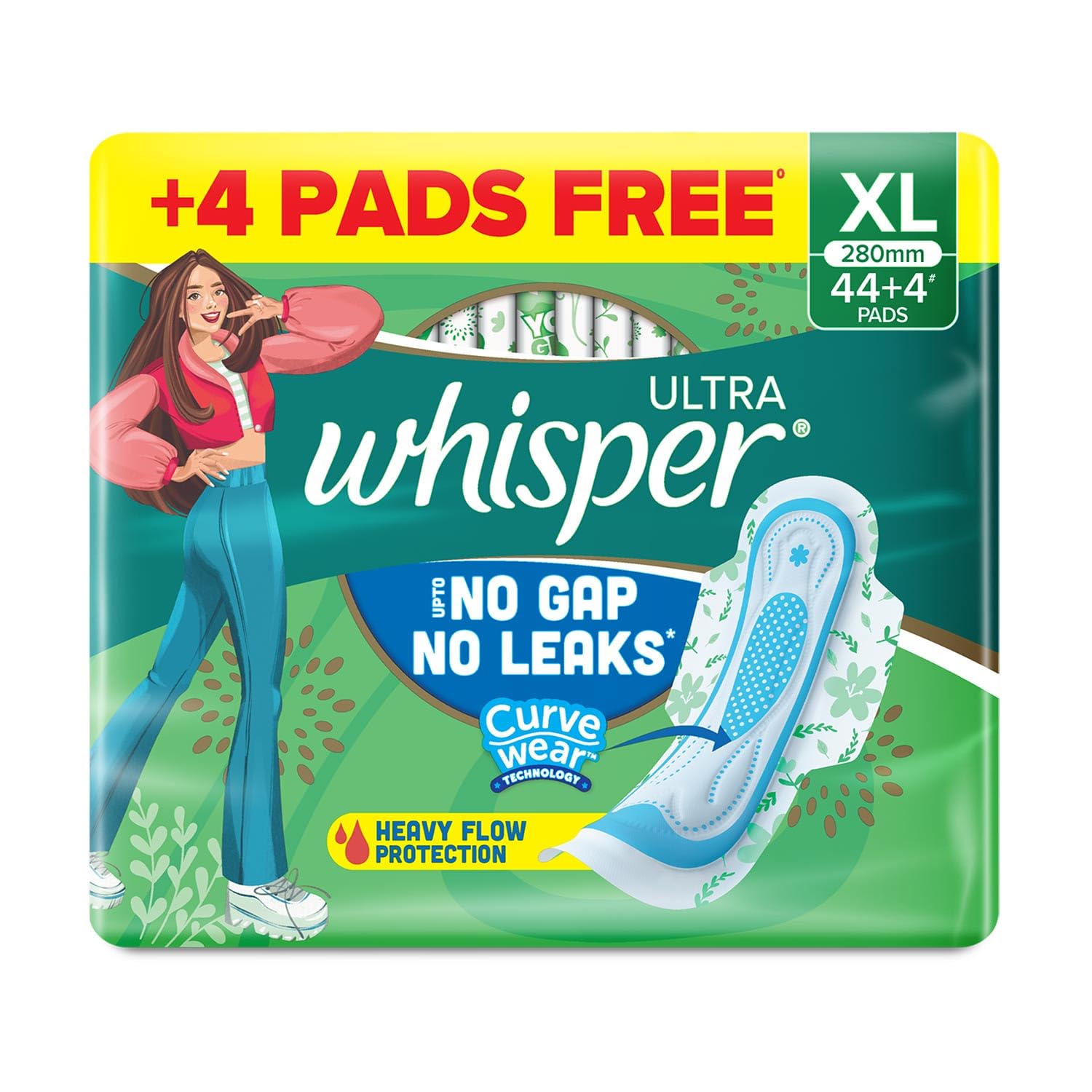 Whisper Ultra Upto No Gap No Leaks Sanitary Pads, 48 XL Pads, For Heavy Flow Protection, With CURVEWEAR – view 7