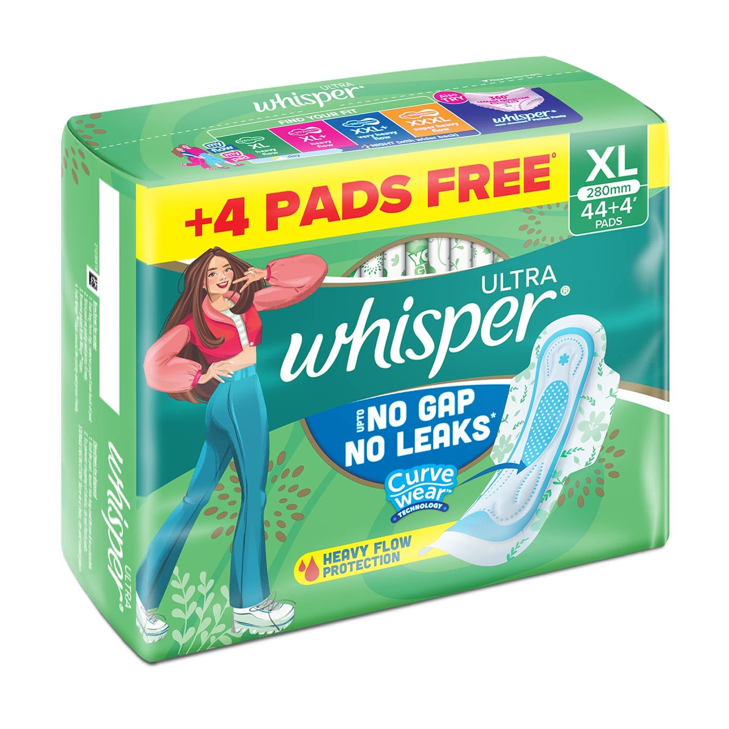 Whisper Ultra Upto No Gap No Leaks Sanitary Pads, 48 XL Pads, For Heavy Flow Protection, With CURVEWEAR – view 8