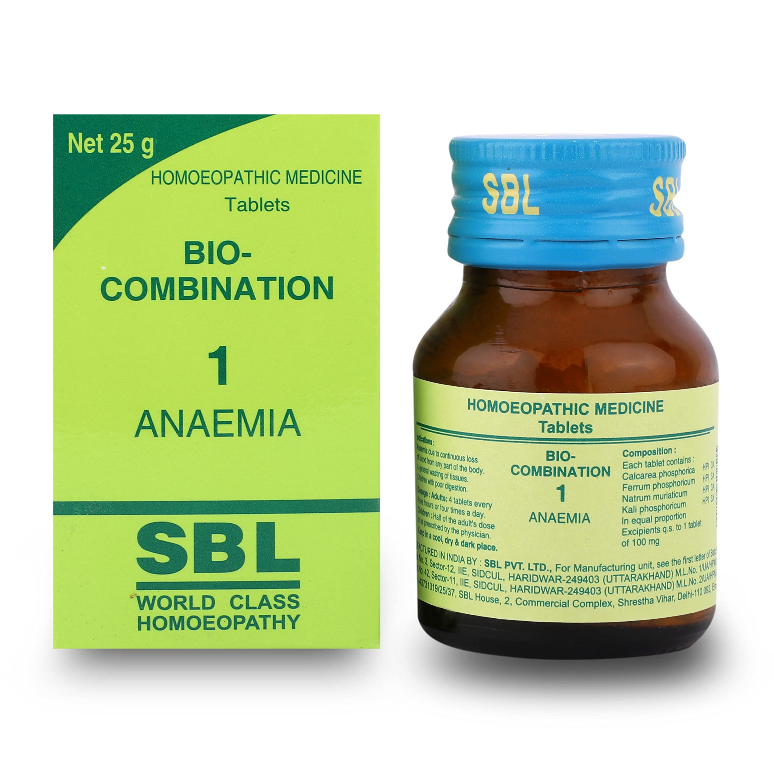 Front view of SBL Bio-Combination No. 01 tablet bottle