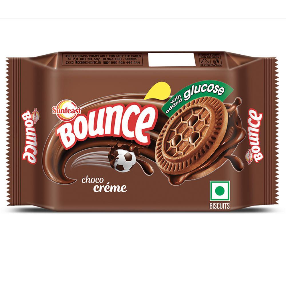 Sunfeast Bounce Choco Twist biscuit pouches in chocolate flavor