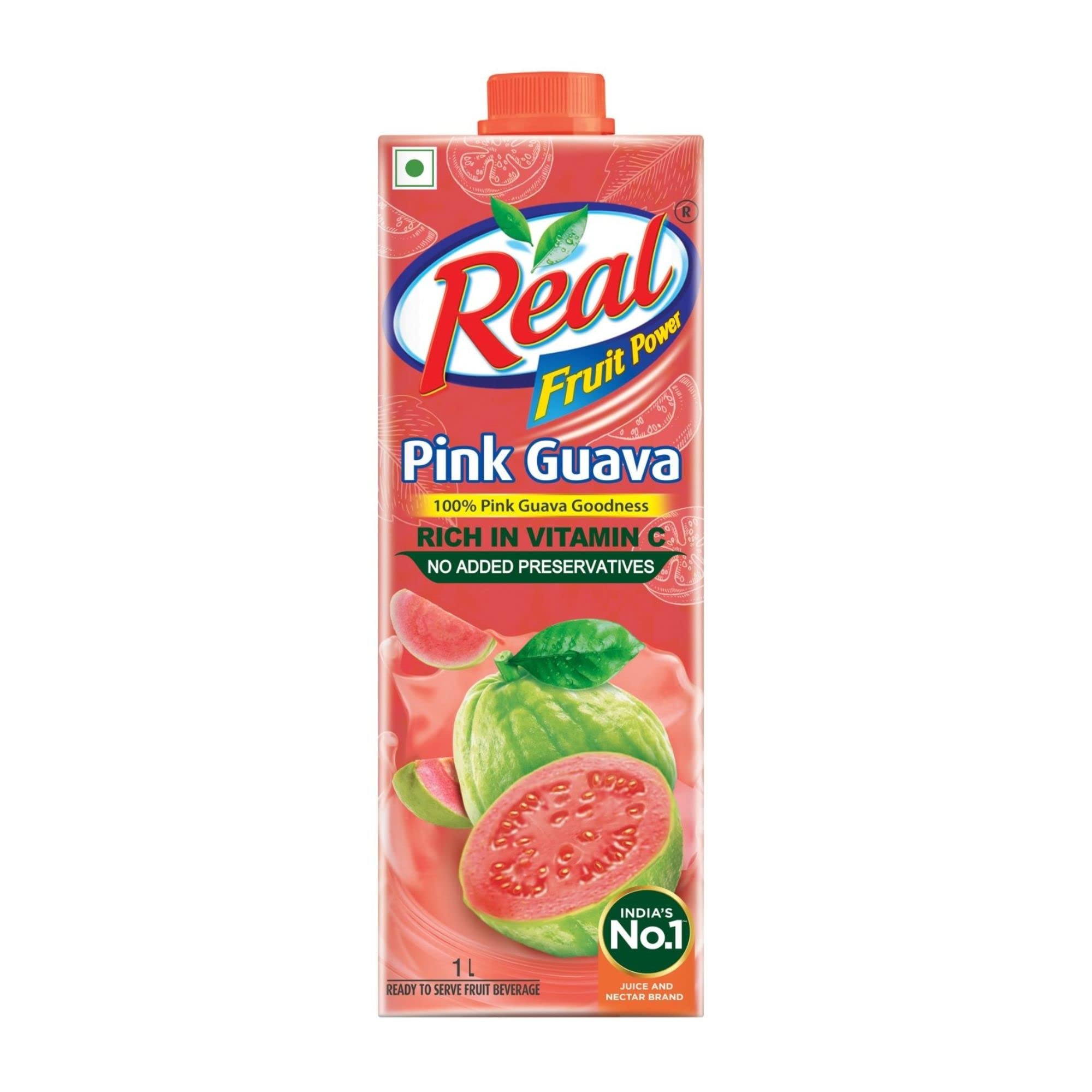 Front view of Dabur Real pink guava fruit juice carton
