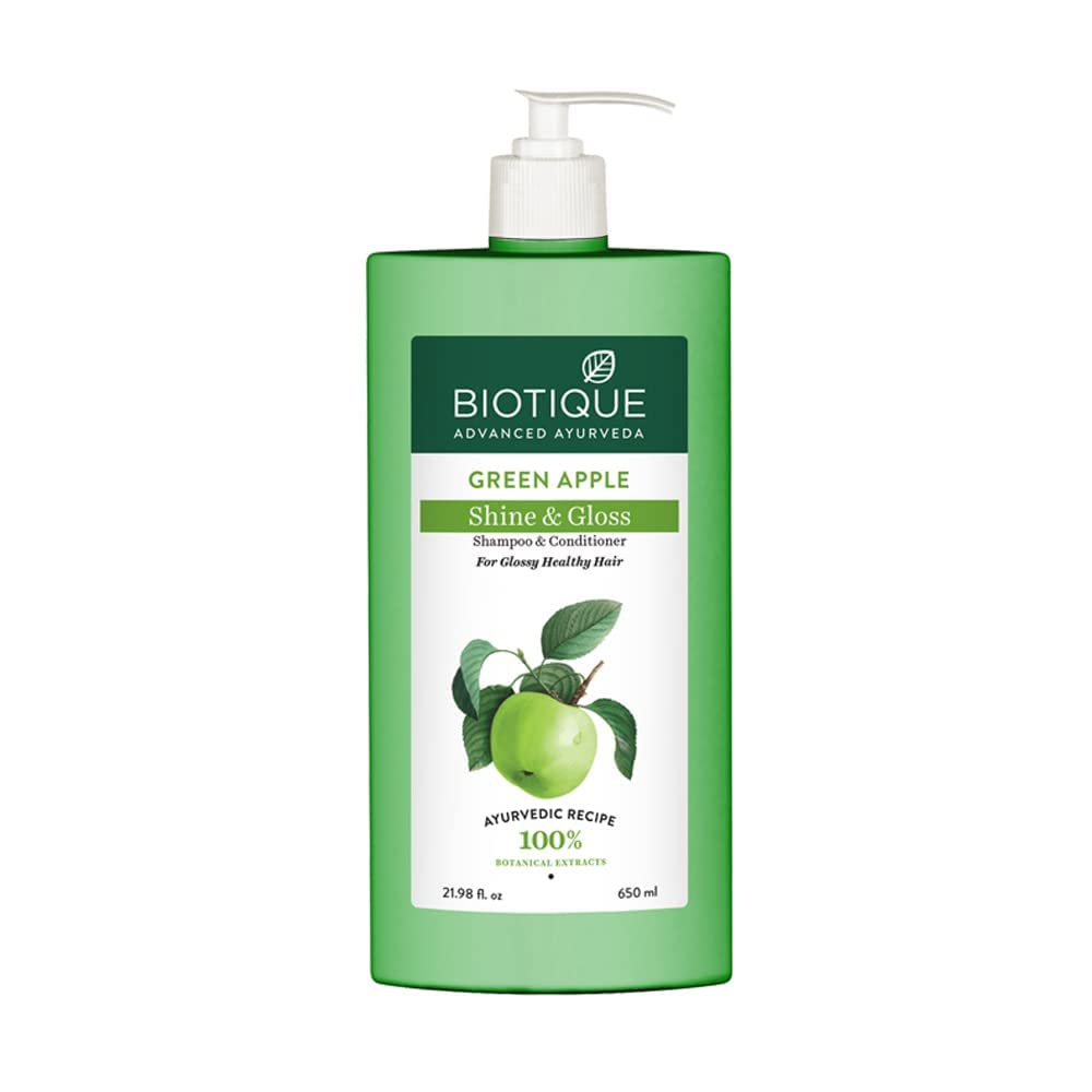 Front view of Biotique green apple shampoo and conditioner bottle