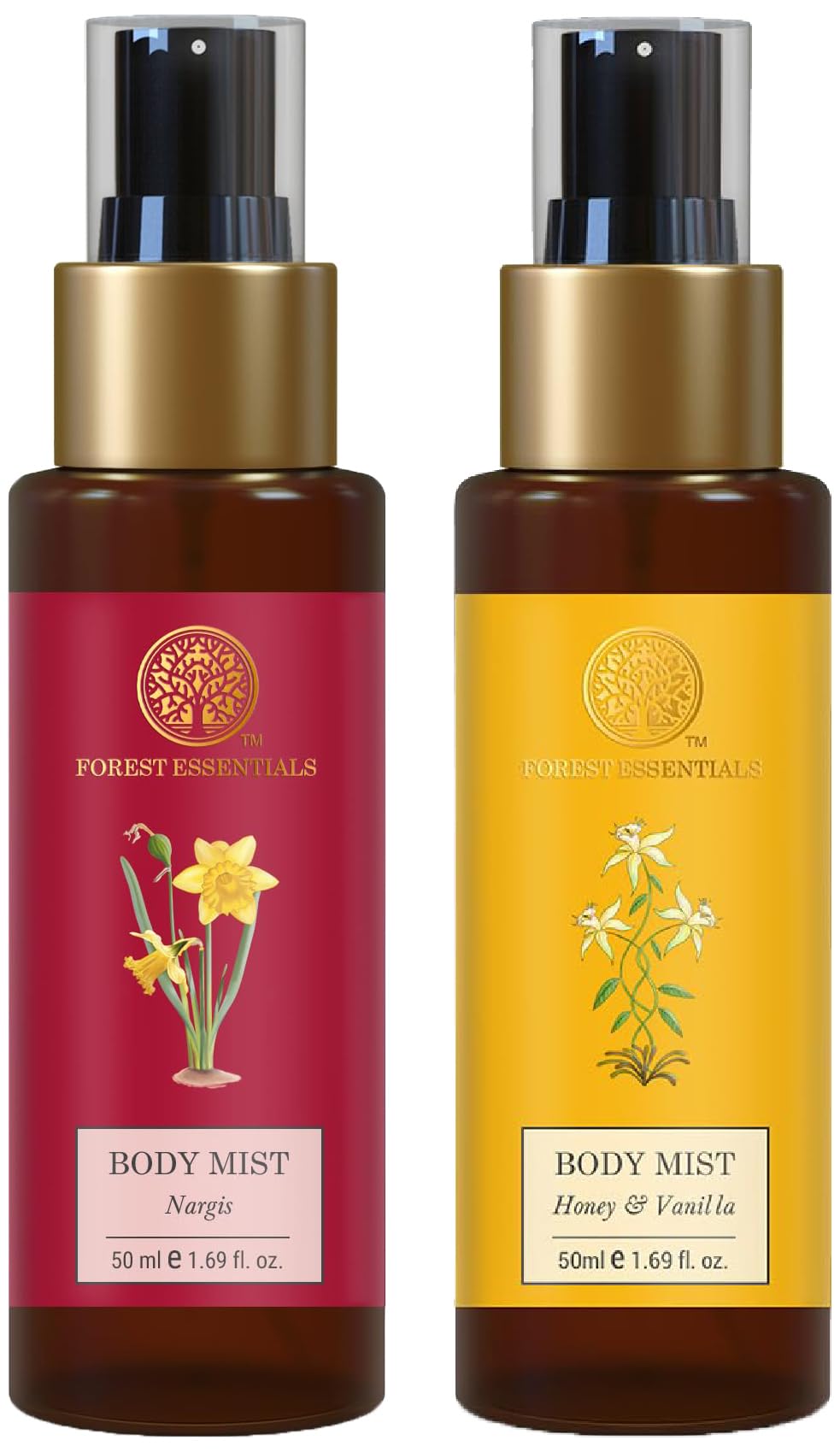 Two Forest Essentials fragrant body mist bottles with Nargis and Honey Vanilla