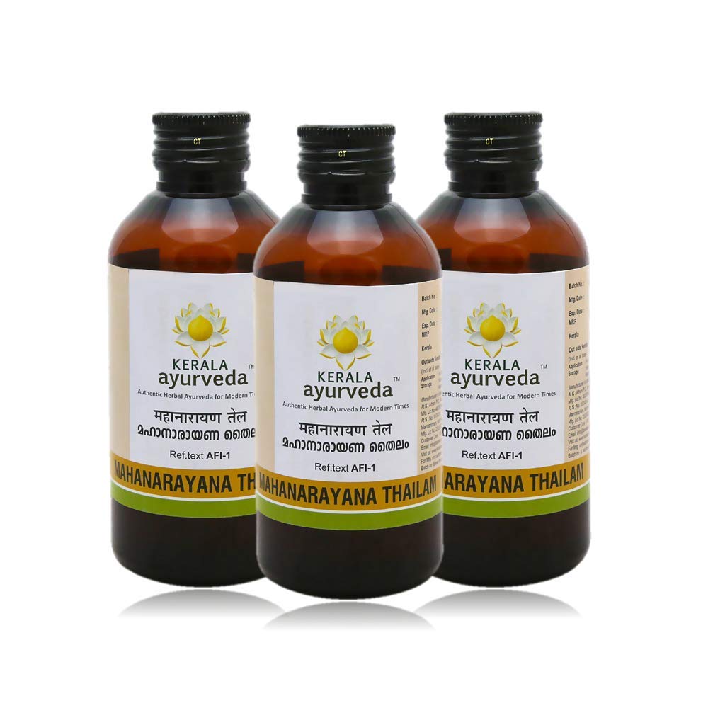Three bottles of Kerala Ayurveda Mahanarayana Thailam massage oil