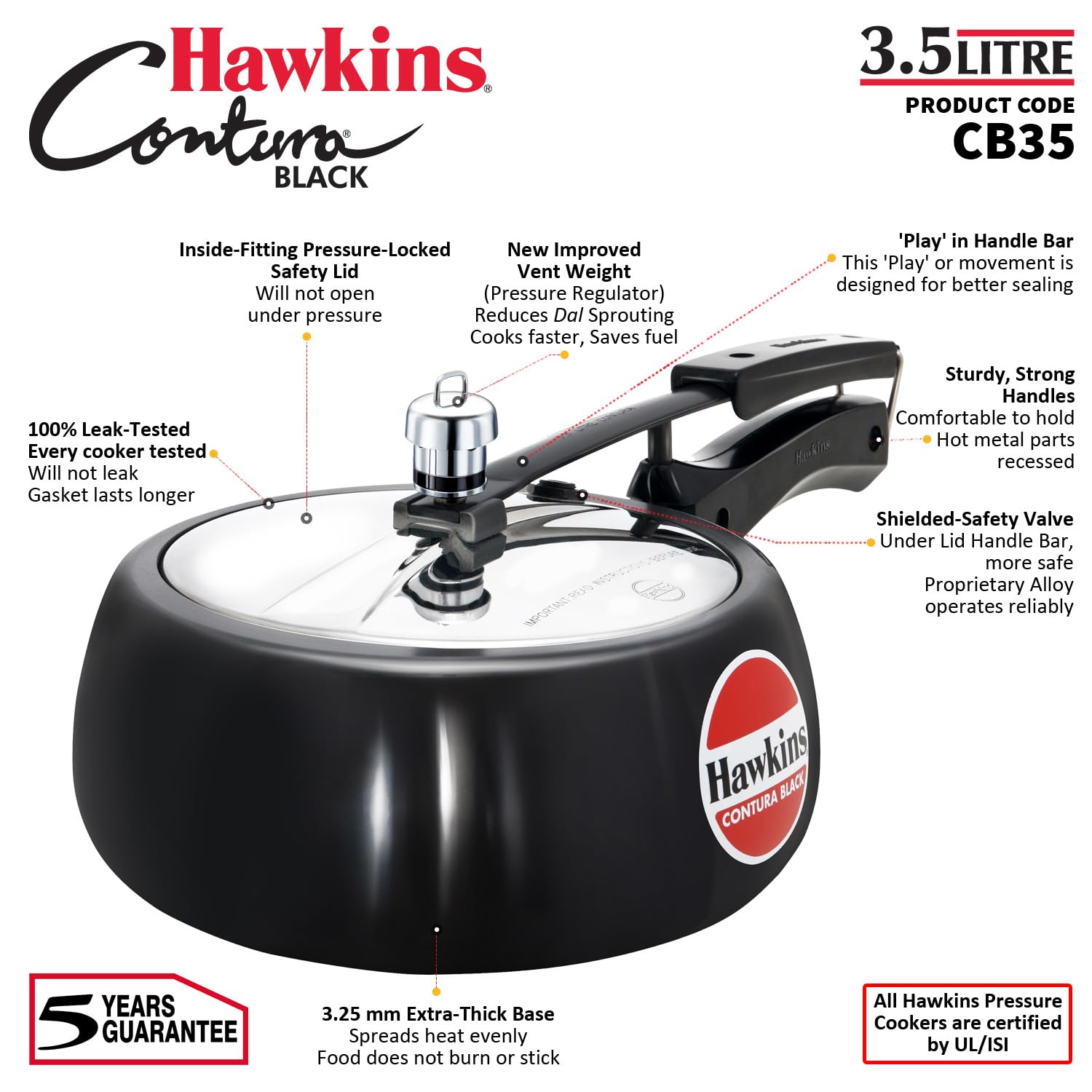Hawkins 3.5 Litre Contura Black Pressure Cooker, Hard Anodised Inner Lid Cooker, Handi Cooker, Black (CB35) – view 8