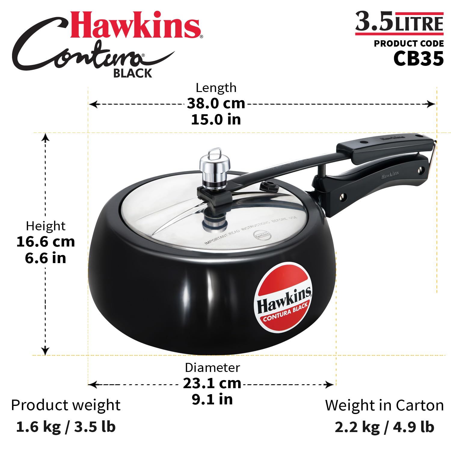 Hawkins 3.5 Litre Contura Black Pressure Cooker, Hard Anodised Inner Lid Cooker, Handi Cooker, Black (CB35) – view 9