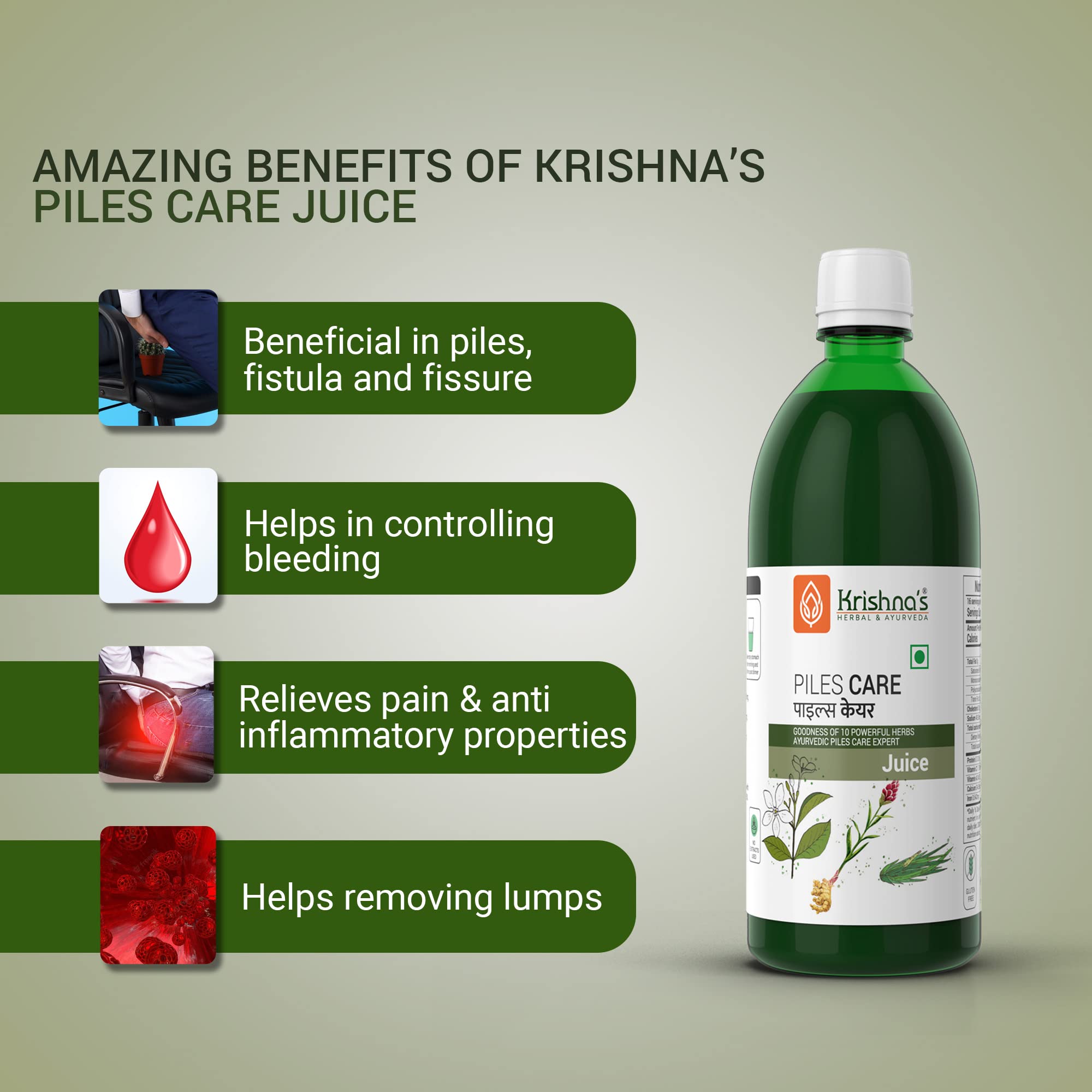 KRISHNA'S HERBAL & AYURVEDA Piles Care Juice - 1000 Ml, Ayurvedic Piles Care Expert, Goodness Of Chitrak Mool, Bachh, Kutaj, Bilav & 6 Other Herbs – view 4