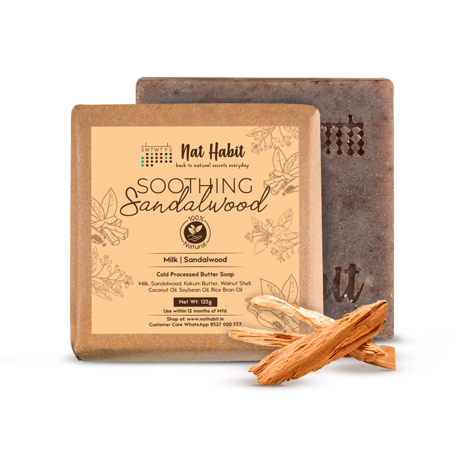 Sandalwood de-tan cold process soap bar by Nat Habit