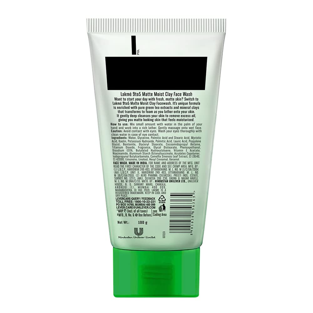 Lakme 9to5 Matte Moist Clay Facewash, Green Tea, Kaolin and Bentonite Clay, Removes Excess Oil, Cleansed, Refreshed Matte Looking Skin, 100g – view 2