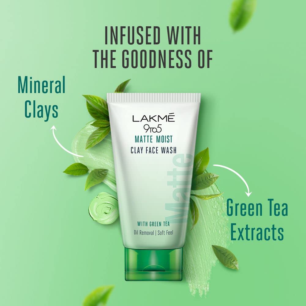 Lakme 9to5 Matte Moist Clay Facewash, Green Tea, Kaolin and Bentonite Clay, Removes Excess Oil, Cleansed, Refreshed Matte Looking Skin, 100g – view 5