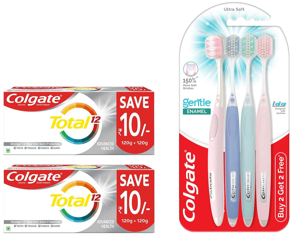 Colgate toothpaste saver pack and gentle enamel toothbrushes