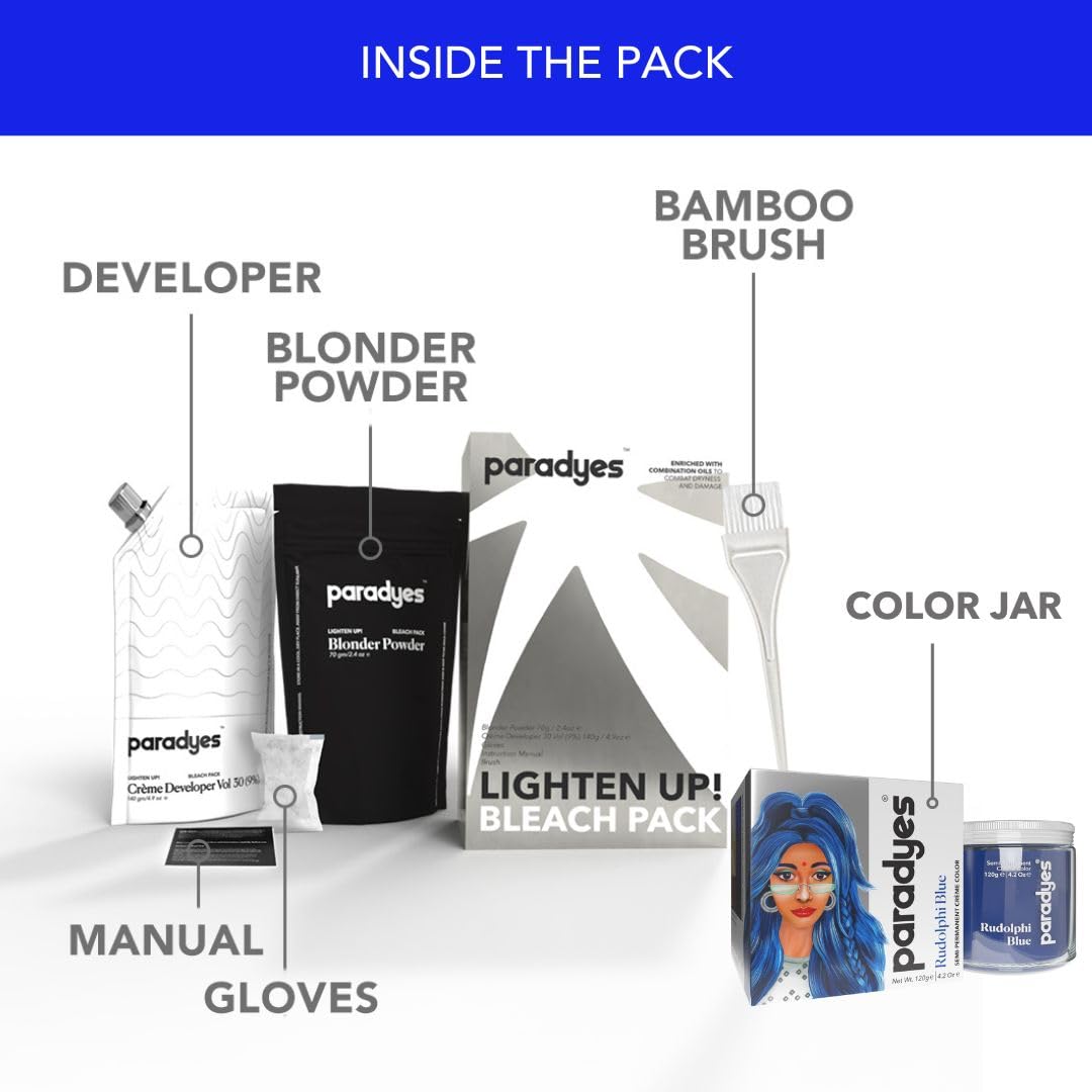 Paradyes Semi-permanent Rudolphi Blue DIY Conditioner Based Hair Colour 120 gm and Lighten Up! Bleach Pack 30 Vol. for all Hair Types – view 5