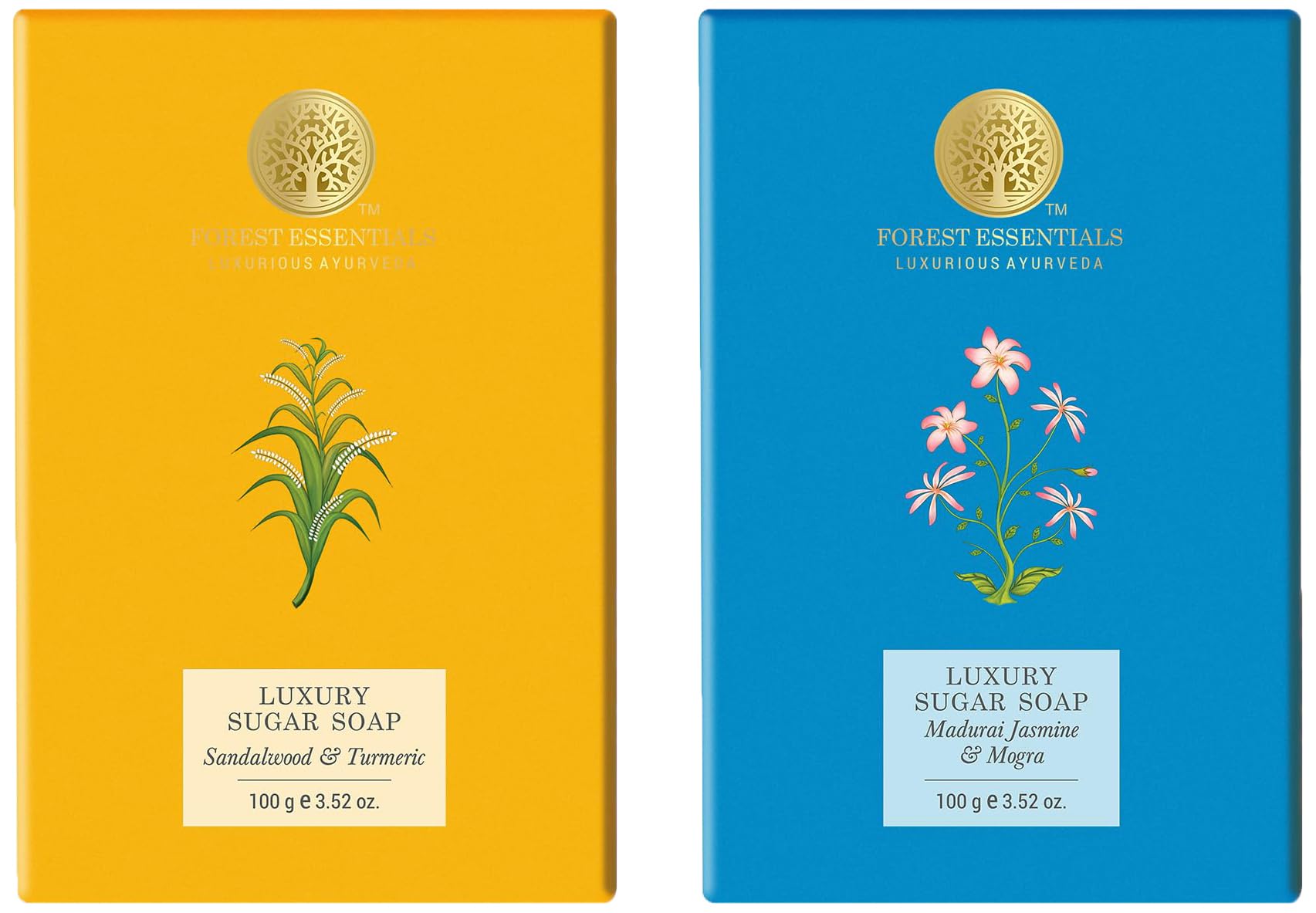 Forest Essentials sugar soap combo box with sandalwood and jasmine variants