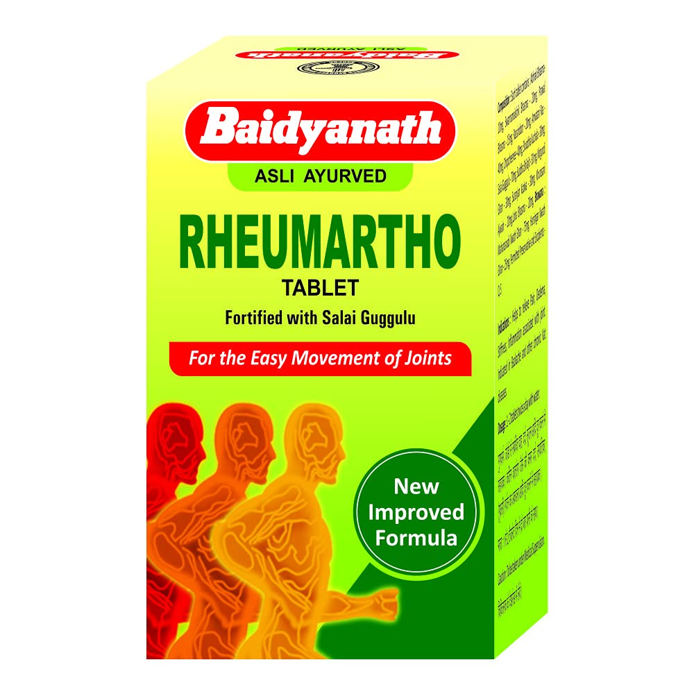 Front view of Baidyanath Rheumartho tablet bottle from India