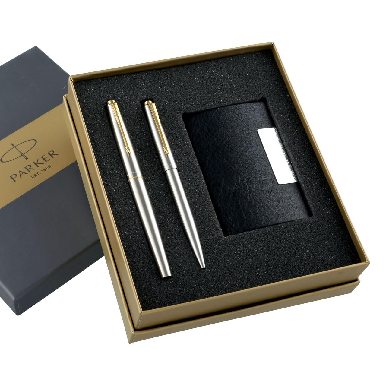 Silver Parker Galaxy pens with gold trim and matching card holder