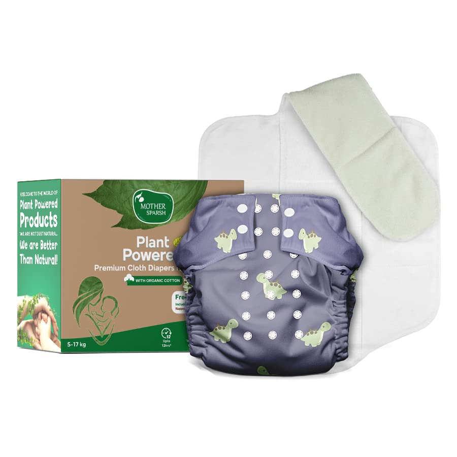 Mother Sparsh Plant Powered Cloth Diaper for Babies-Free Size | Medical Grade Fabric with 100% Organic Cotton | Reusable 13 Layer Breathable Soaker with Built-in Booster Pad | (Diposauras)