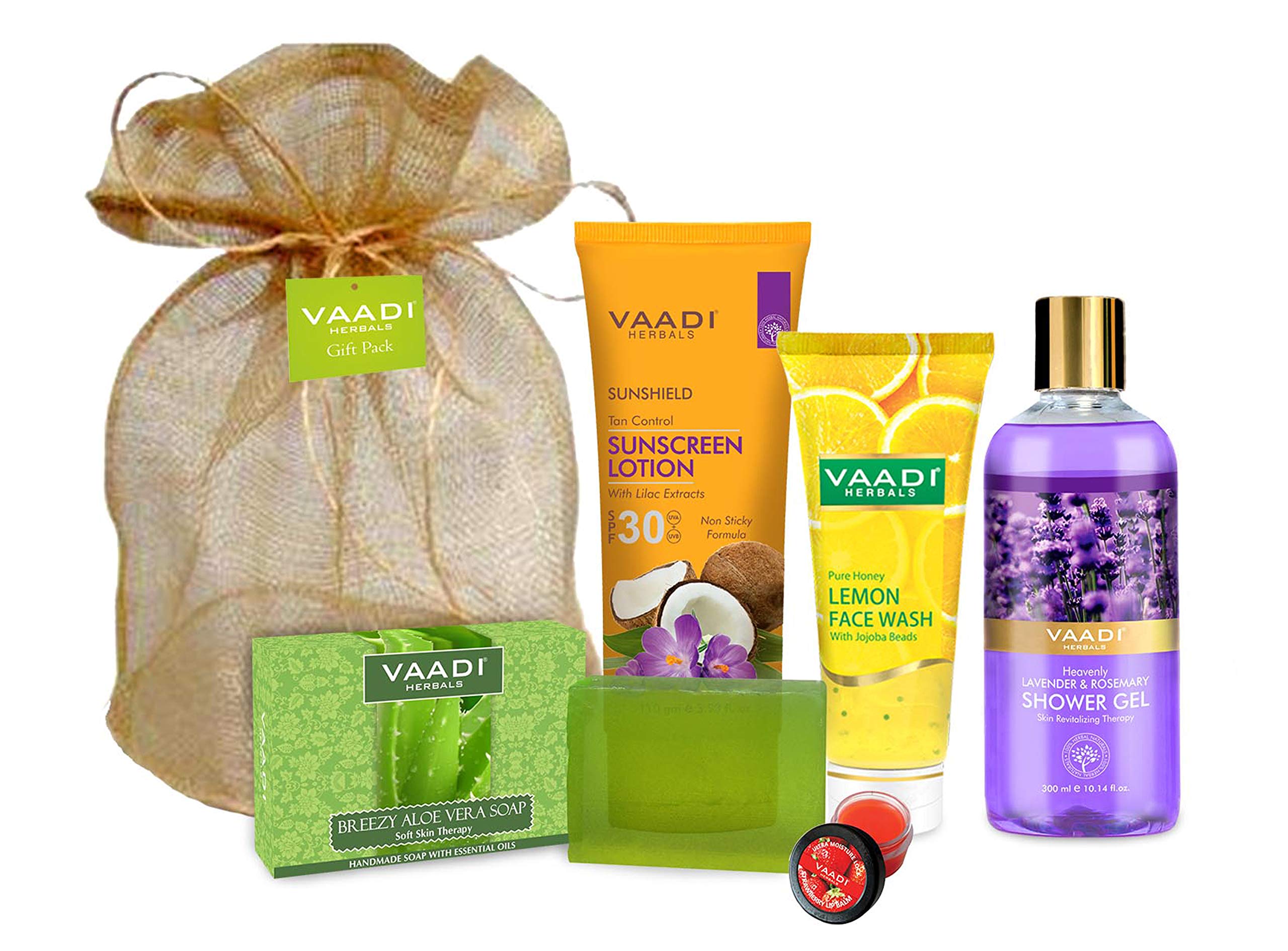 Six-count VAADI HERBALS honey lavender skin care travel set