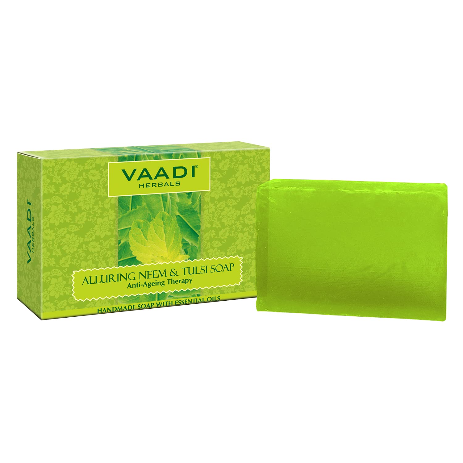 Front view of Vaadi Herbals neem tulsi soap 75 g box