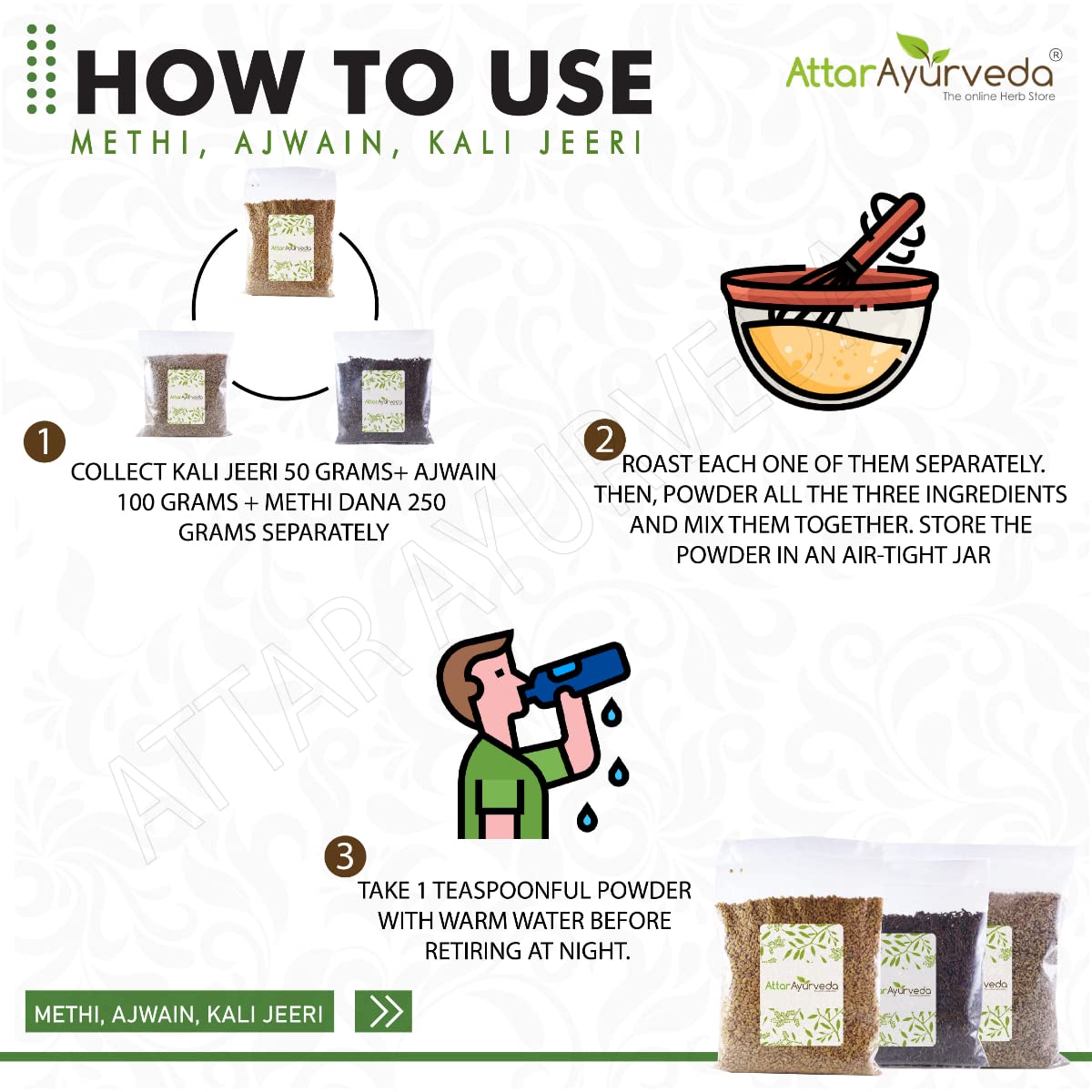 ATTAR AYURVEDA Methi, Ajwain, Kali Jeeri Seeds Combo Pack(400 Grams) – view 6
