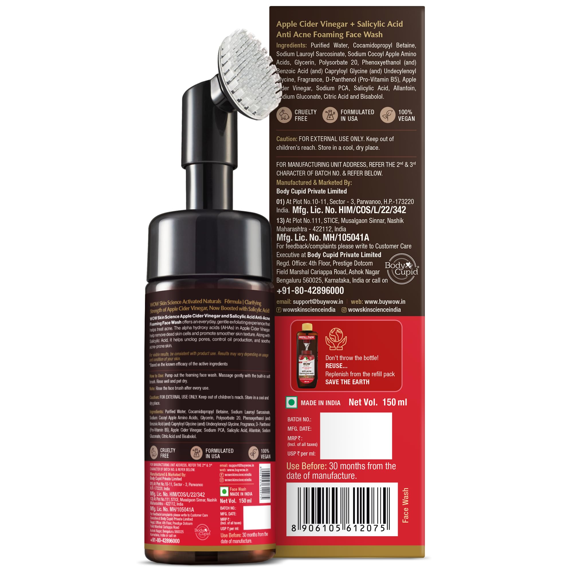WOW Skin Science Apple Cider Vinegar Foaming Face Wash - No Parabens, Sulphate & Silicones (with built-in brush) – view 9