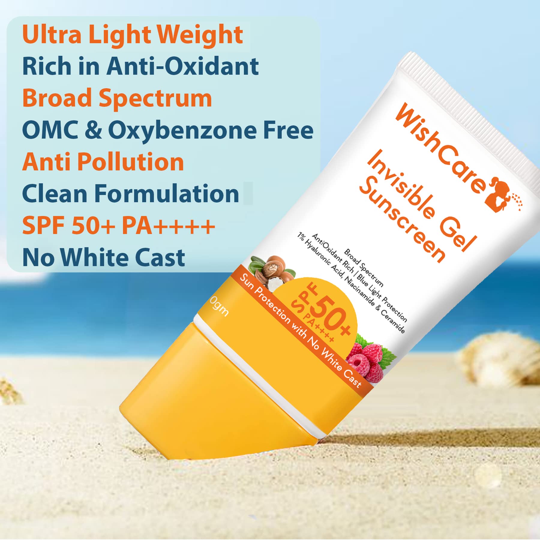 WishCare Invisible Gel Sunscreen SPF 50+ PA++++ For Oily and Dry skin - Light Weight Oil Free Gel Sunscreen with No White Cast 50g – view 2